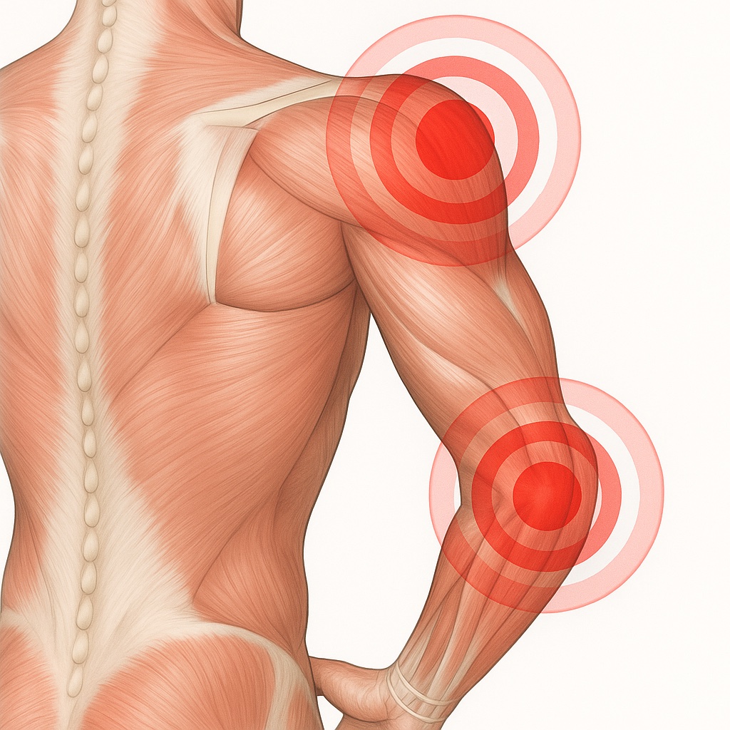 Anatomie zádových svalů s vyznačenými místy bolesti